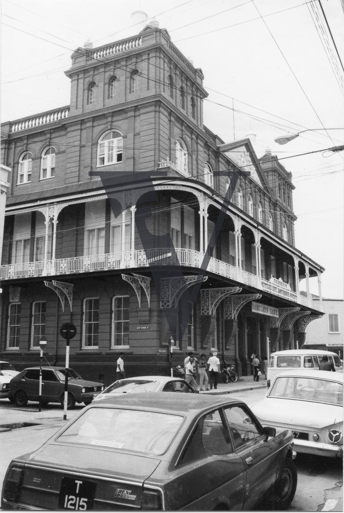 Barbados, colonial age building, Saint George Street, Mercedes and Fiat cars.